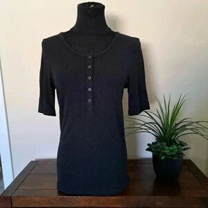 Mondetta Ribbed Short Sleeved  Henley Small Scoop Neck Top Womens Black Tee